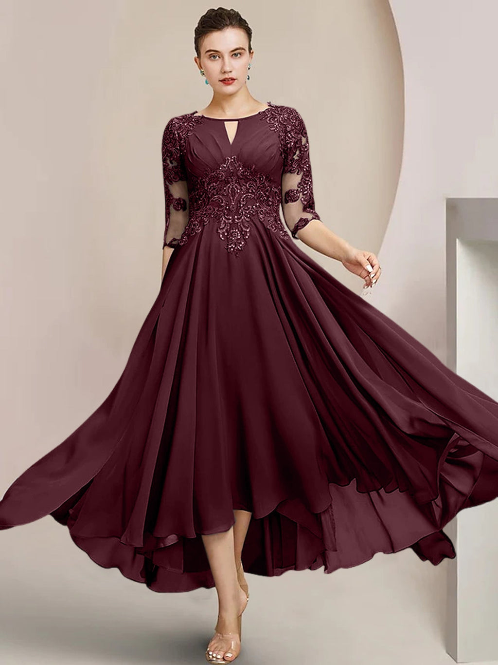 Robes de mère de la mariée coupe trapèze/décolleté princesse, longueur thé 