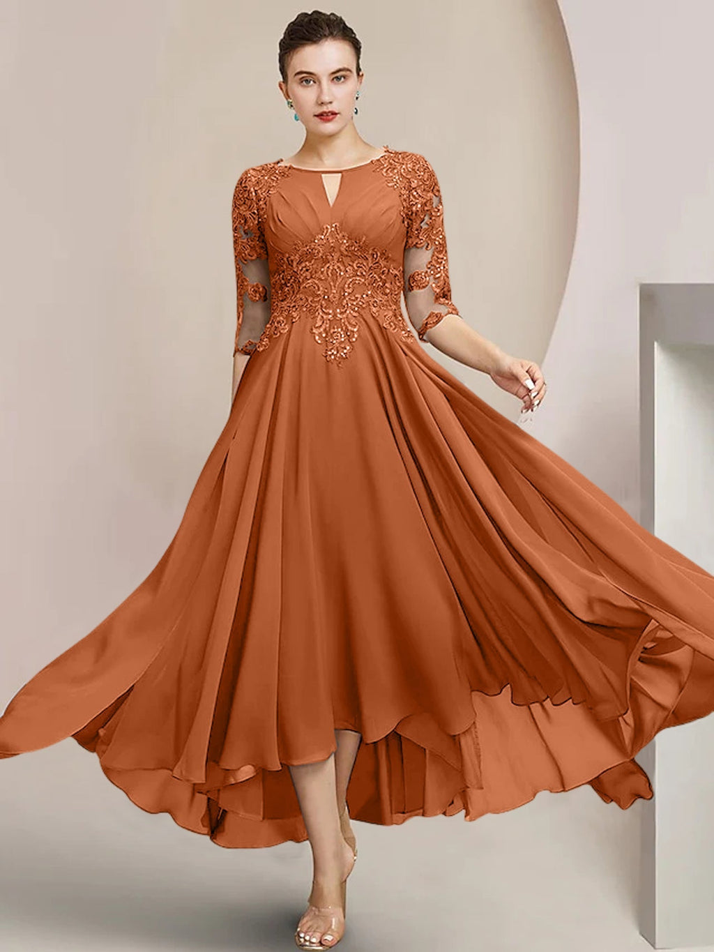 Robes de mère de la mariée coupe trapèze/décolleté princesse, longueur thé 