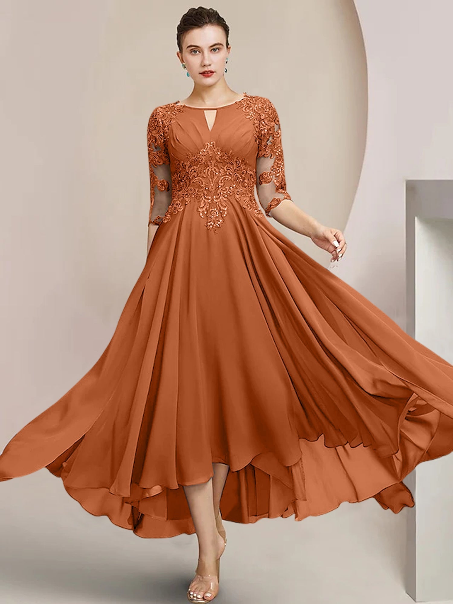 Robes de mère de la mariée coupe trapèze/décolleté princesse, longueur thé 