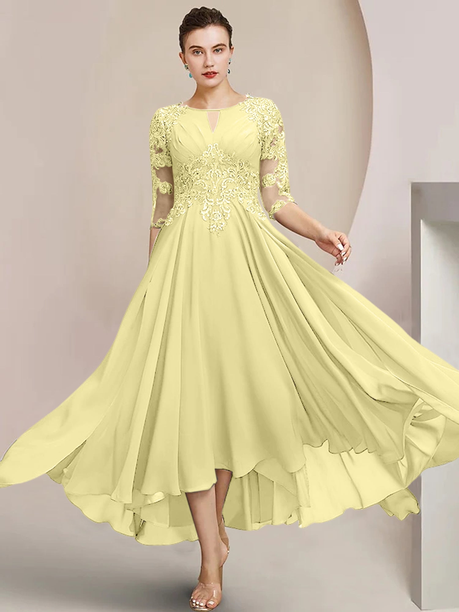 Robes de mère de la mariée coupe trapèze/décolleté princesse, longueur thé 