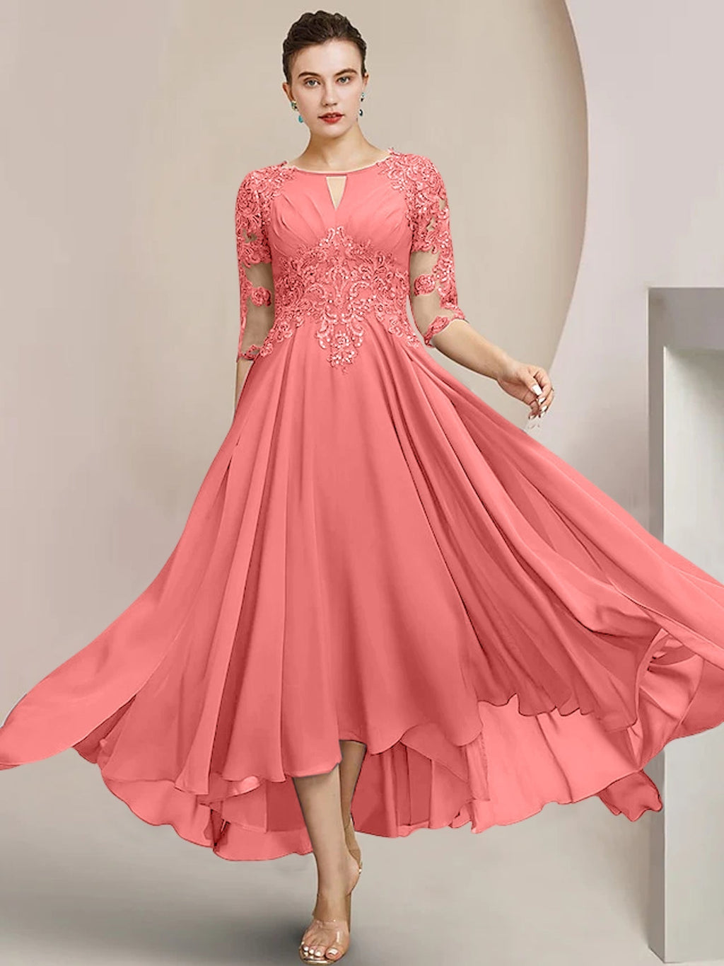 Robes de mère de la mariée coupe trapèze/décolleté princesse, longueur thé 