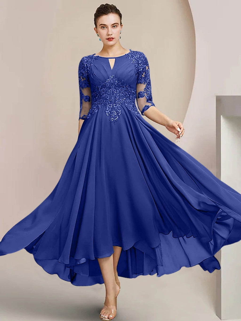 Robes de mère de la mariée coupe trapèze/décolleté princesse, longueur thé 