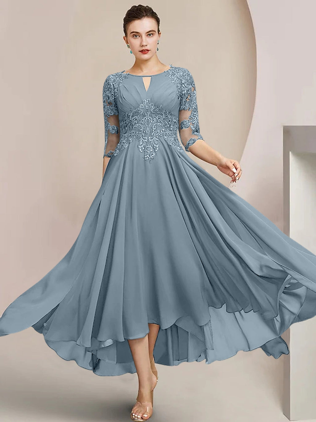 Robes de mère de la mariée coupe trapèze/décolleté princesse, longueur thé 