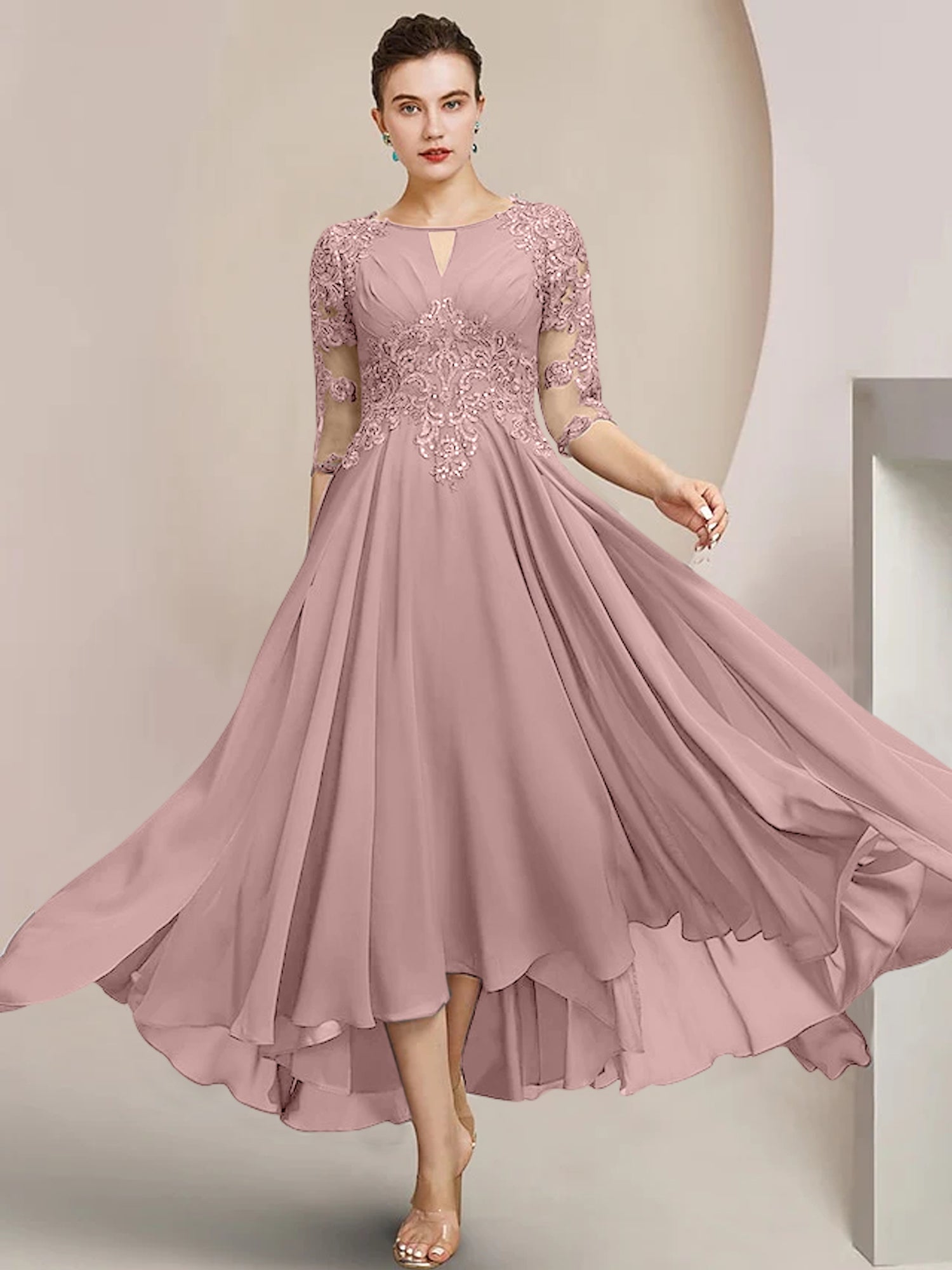 Robes de mère de la mariée coupe trapèze/décolleté princesse, longueur thé 