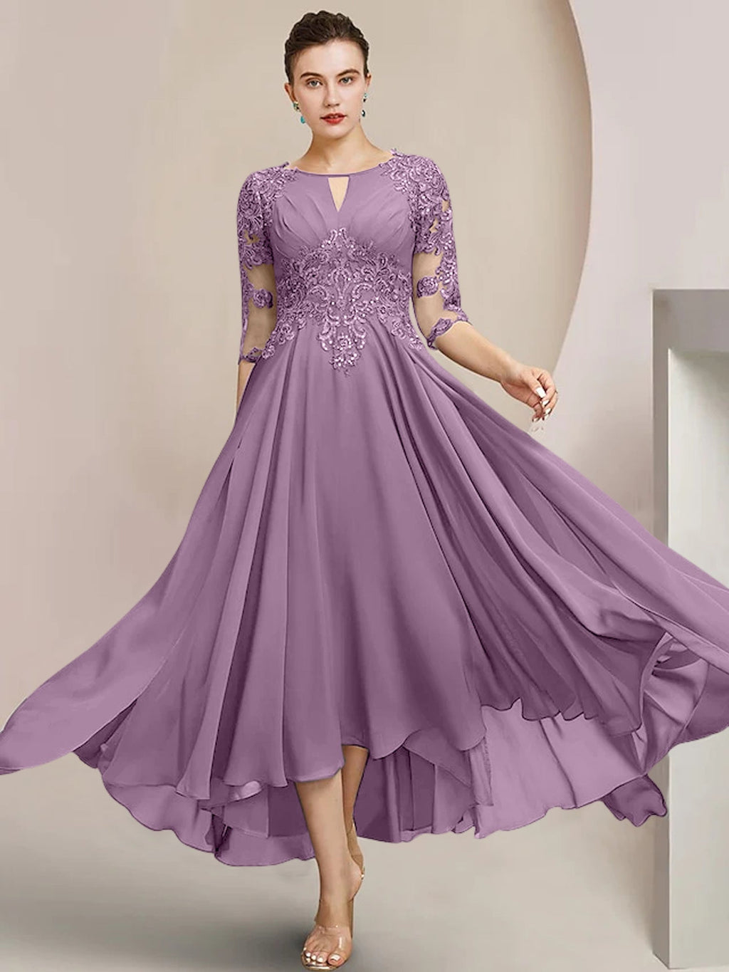 Robes de mère de la mariée coupe trapèze/décolleté princesse, longueur thé 