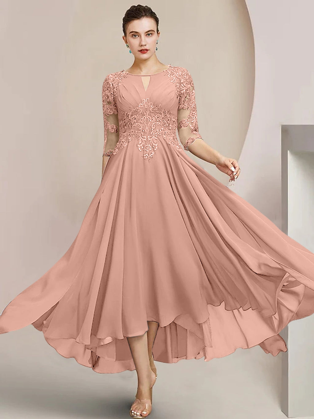 Robes de mère de la mariée coupe trapèze/décolleté princesse, longueur thé 