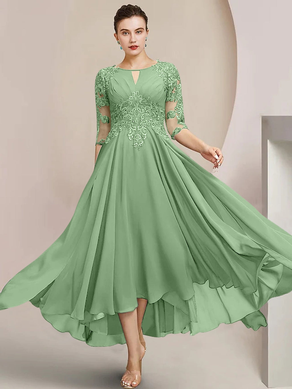 Robes de mère de la mariée coupe trapèze/décolleté princesse, longueur thé 