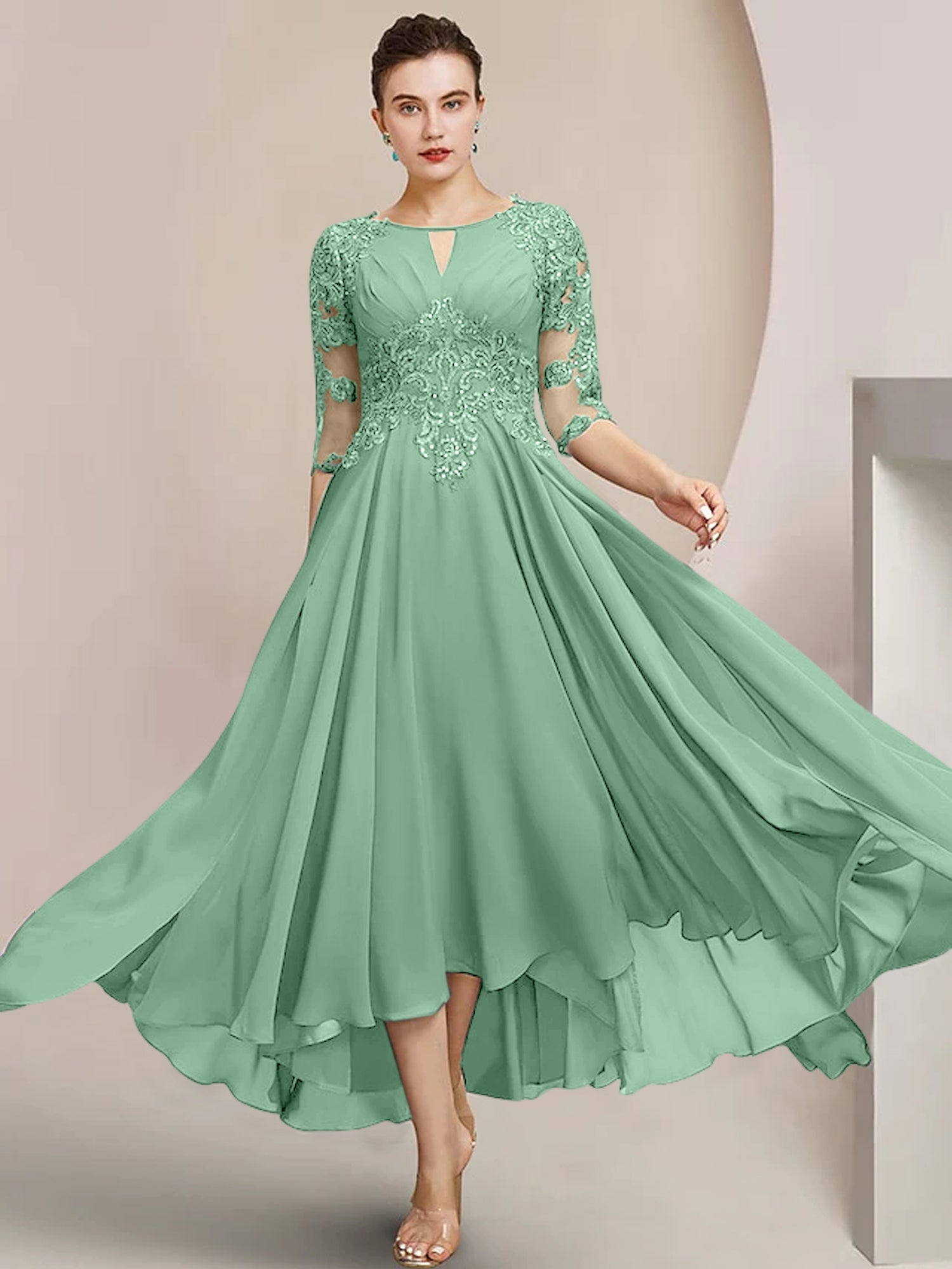 Robes de mère de la mariée coupe trapèze/décolleté princesse, longueur thé 