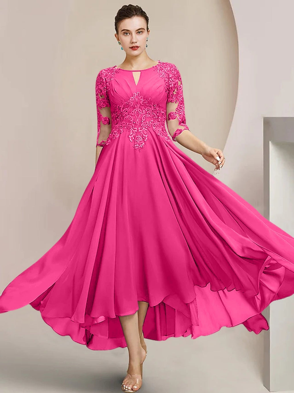 Robes de mère de la mariée coupe trapèze/décolleté princesse, longueur thé 