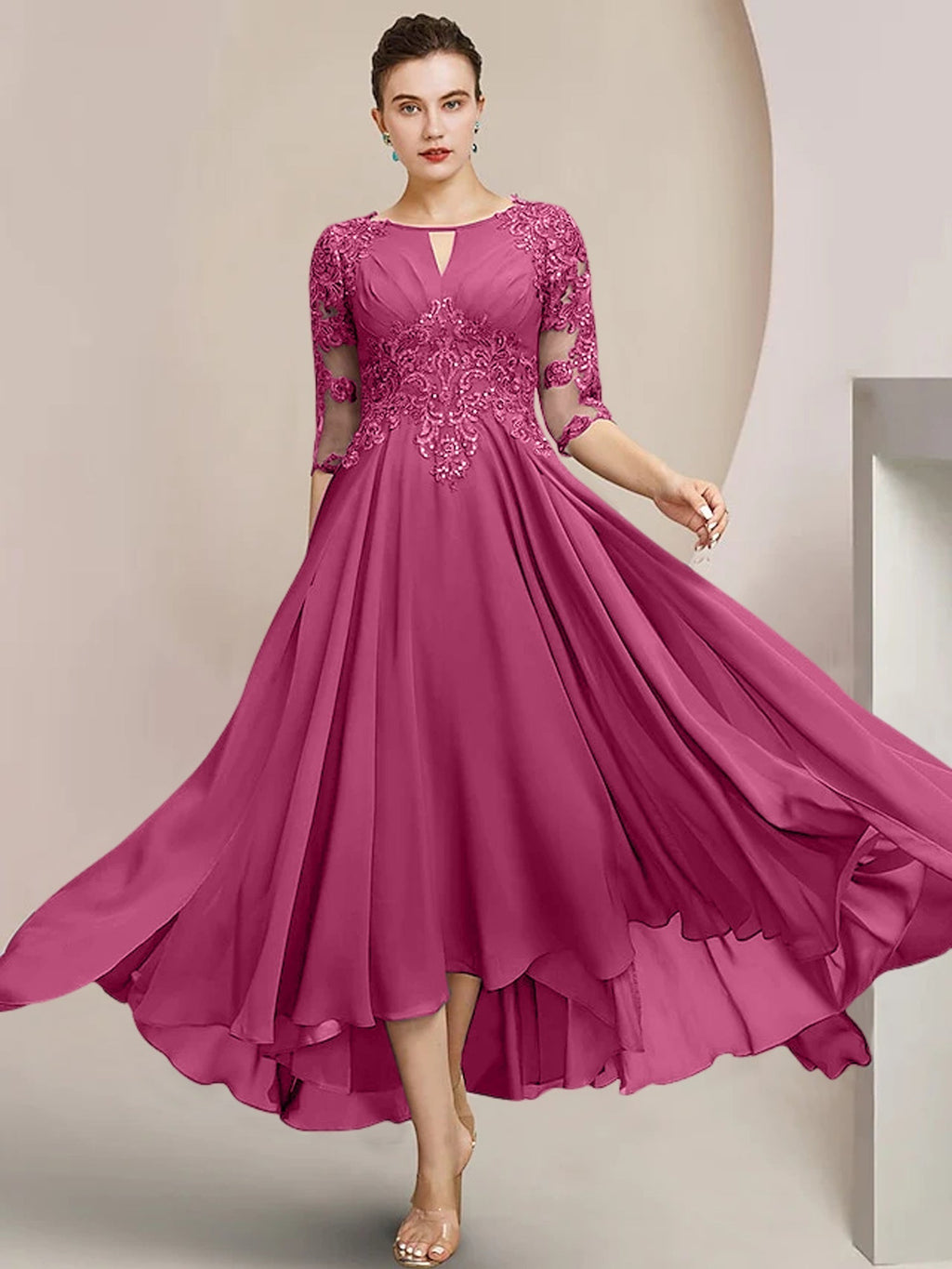 Robes de mère de la mariée coupe trapèze/décolleté princesse, longueur thé 