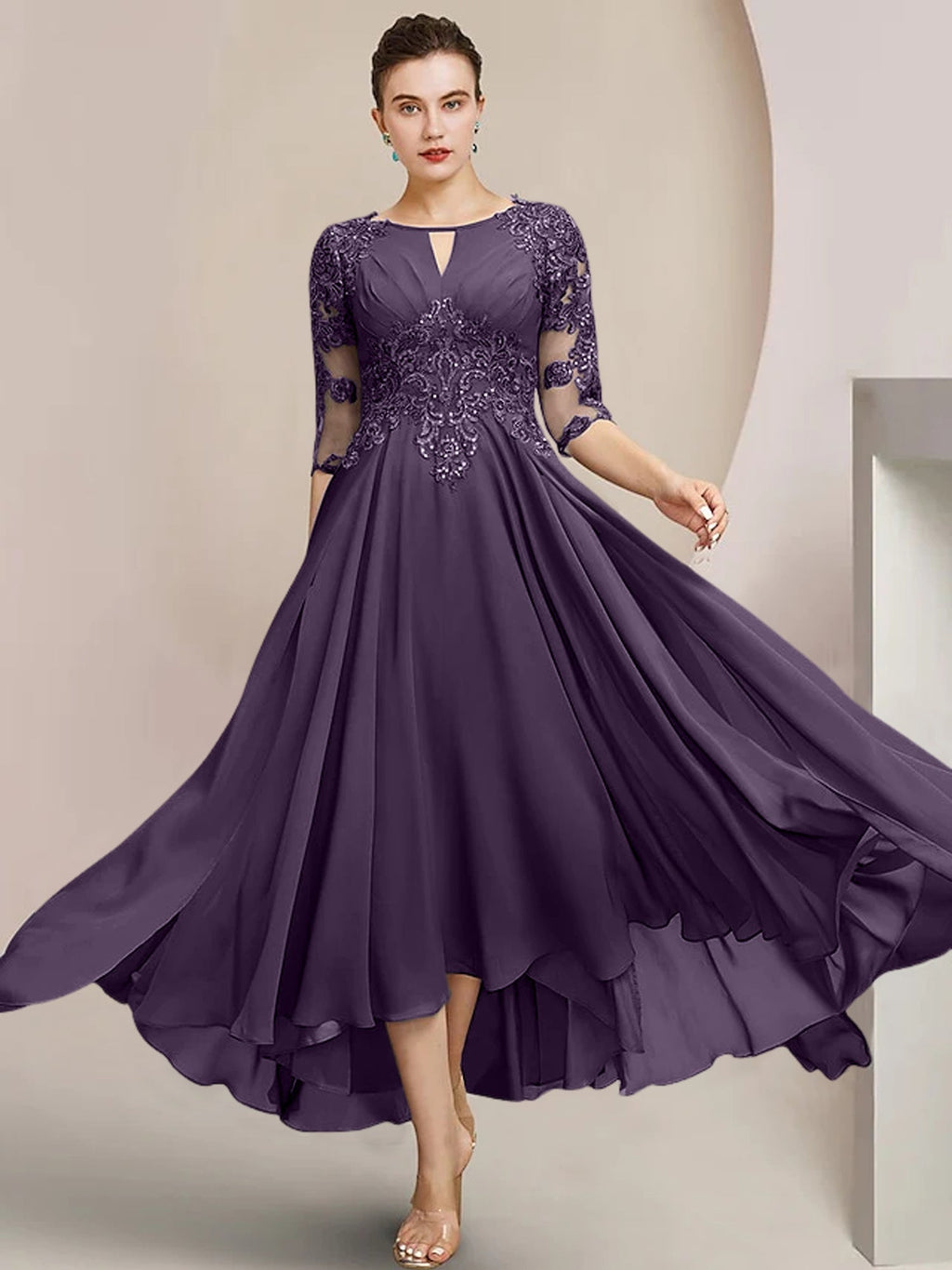 Robes de mère de la mariée coupe trapèze/décolleté princesse, longueur thé 