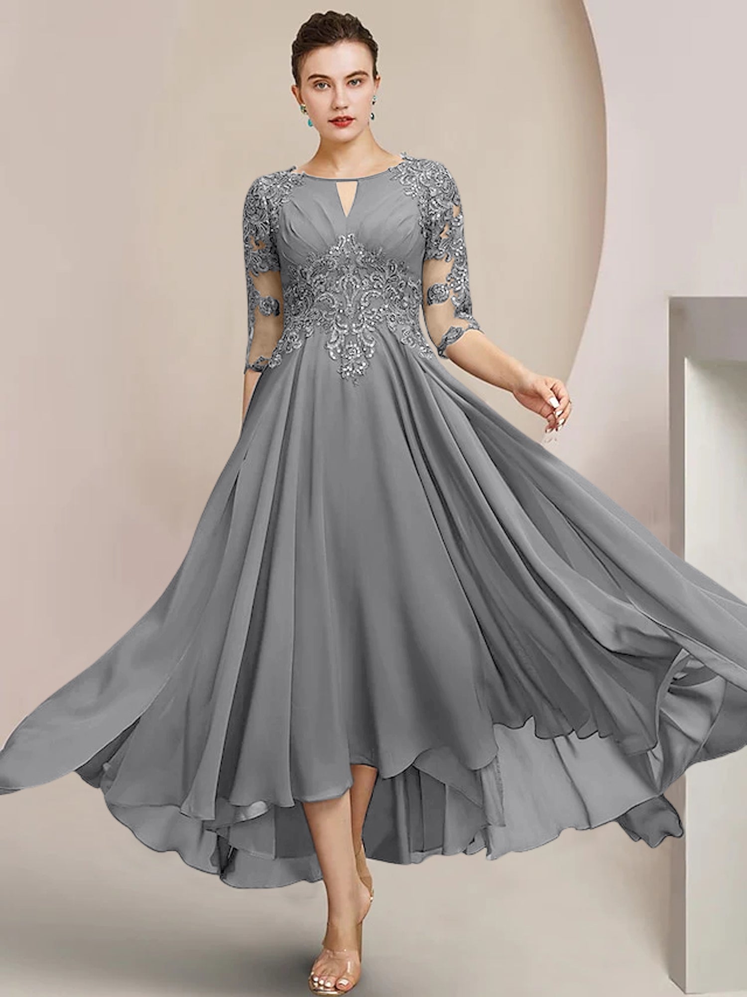 Robes de mère de la mariée coupe trapèze/décolleté princesse, longueur thé 