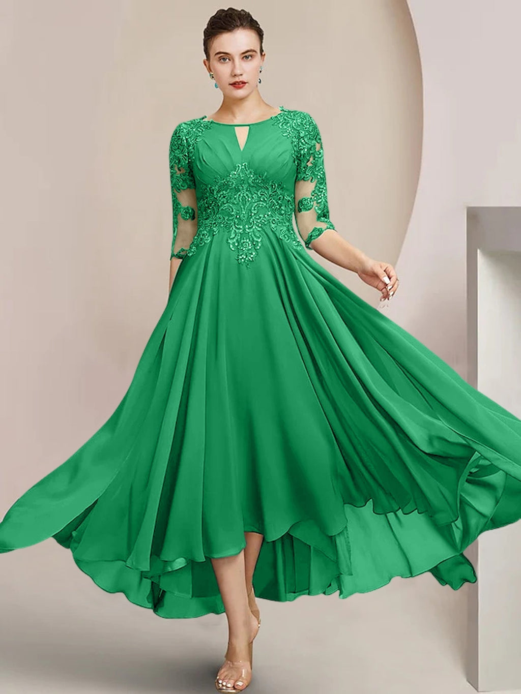 Robes de mère de la mariée coupe trapèze/décolleté princesse, longueur thé 