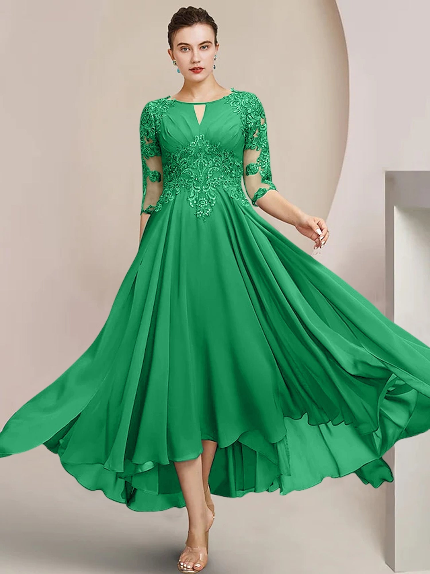 Robes de mère de la mariée coupe trapèze/décolleté princesse, longueur thé 