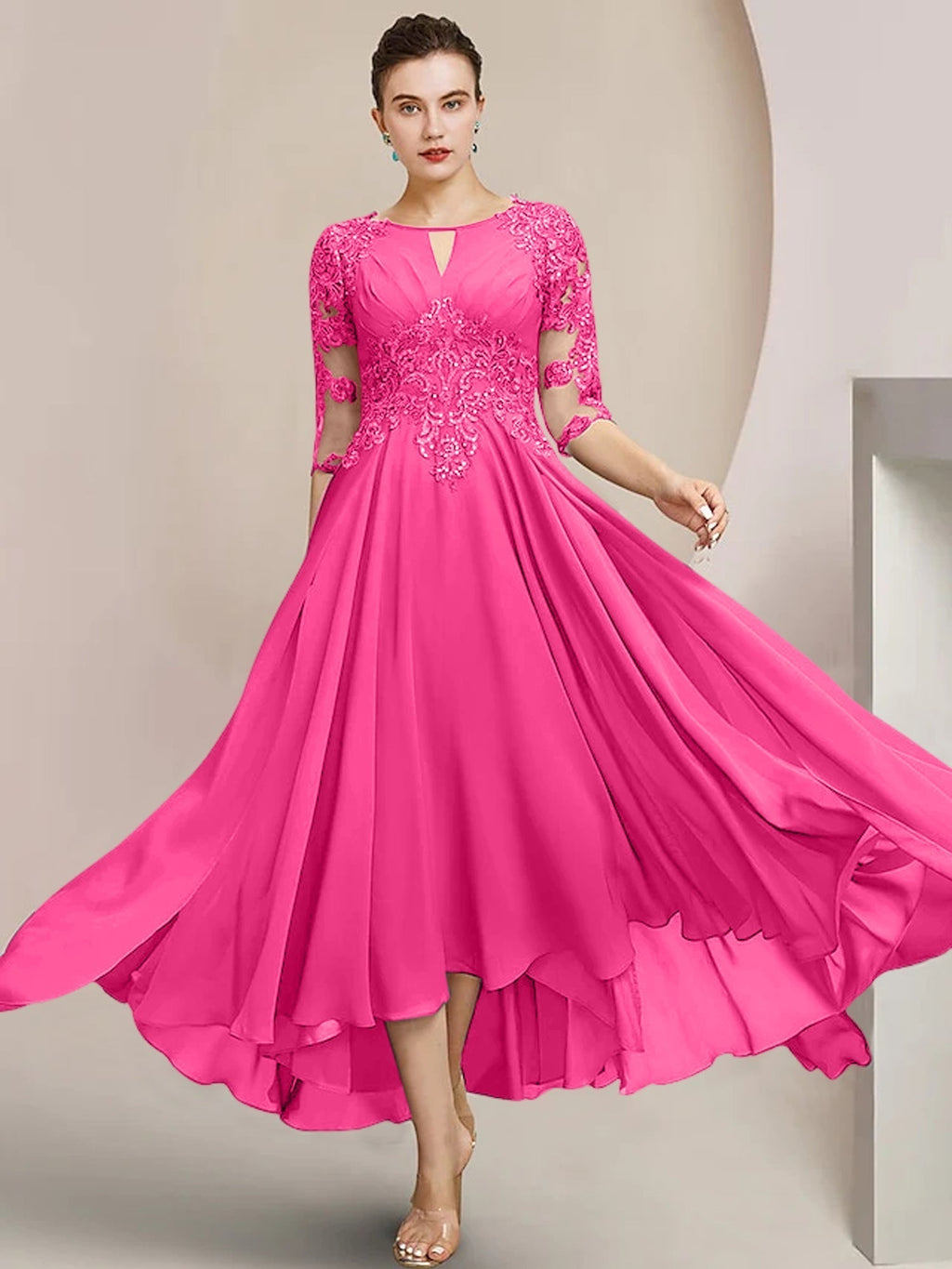 Robes de mère de la mariée coupe trapèze/décolleté princesse, longueur thé 