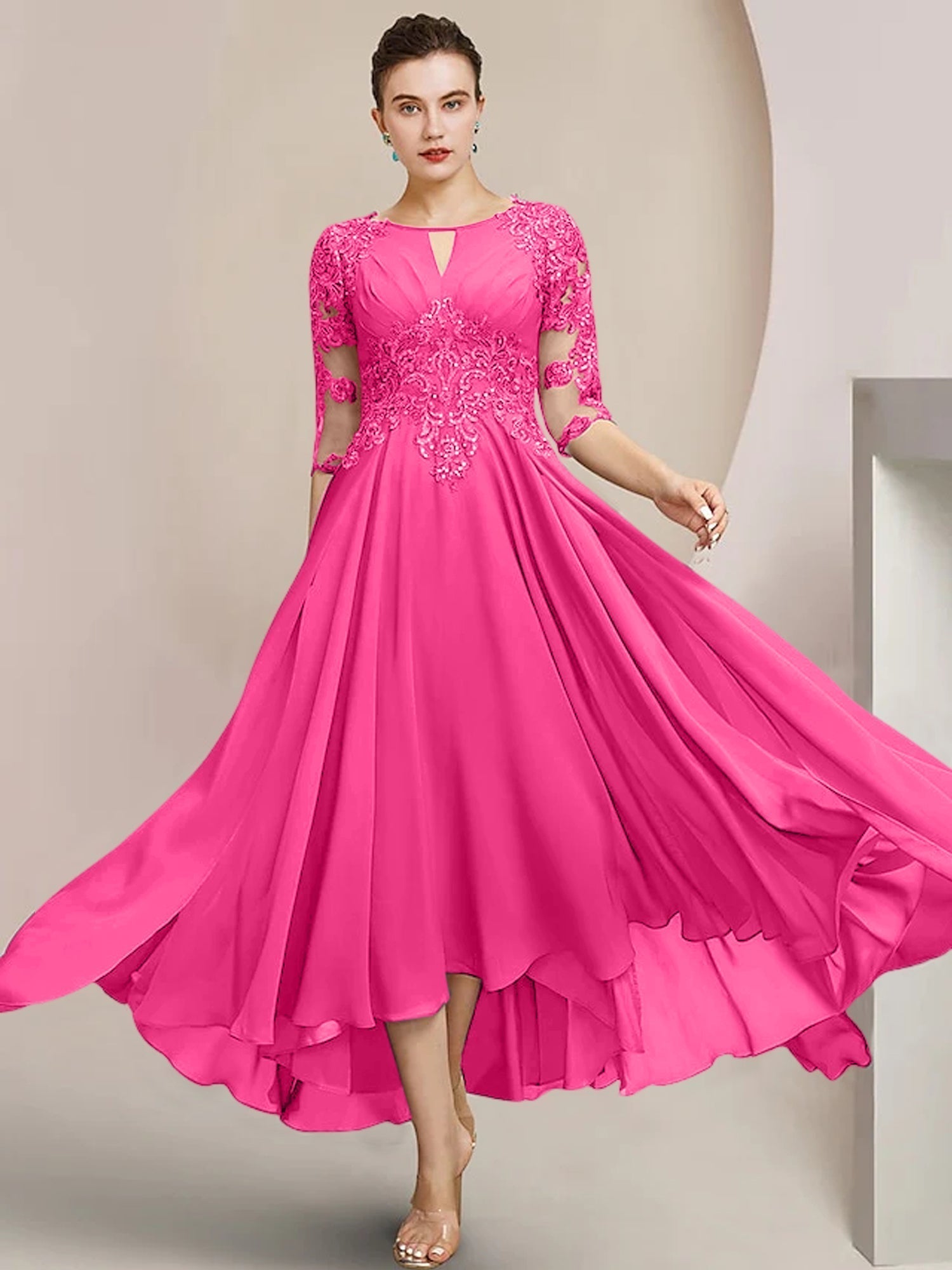 Robes de mère de la mariée coupe trapèze/décolleté princesse, longueur thé 