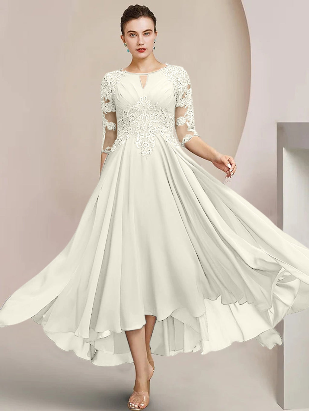 Robes de mère de la mariée coupe trapèze/décolleté princesse, longueur thé 