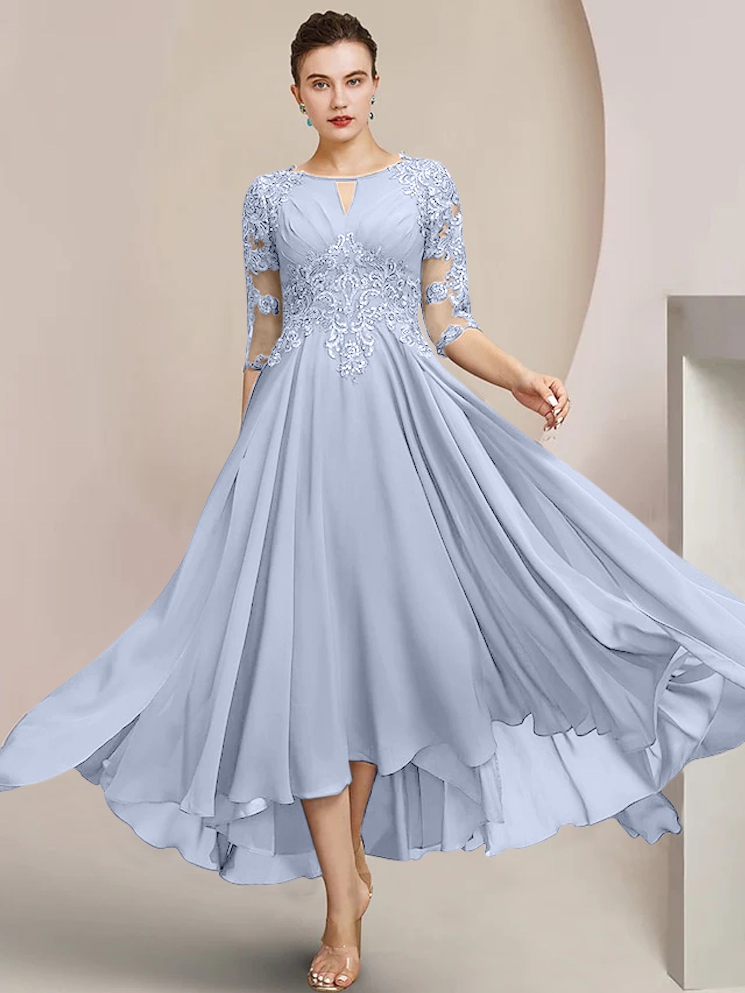 Robes de mère de la mariée coupe trapèze/décolleté princesse, longueur thé 