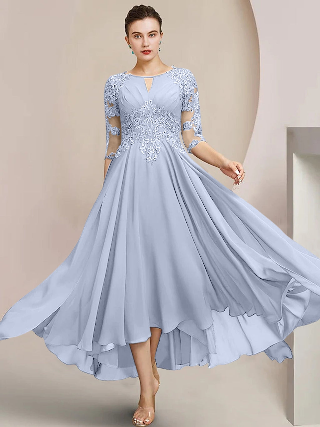 Robes de mère de la mariée coupe trapèze/décolleté princesse, longueur thé 