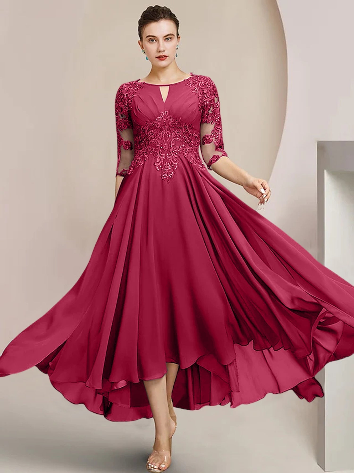 Robes de mère de la mariée coupe trapèze/décolleté princesse, longueur thé 