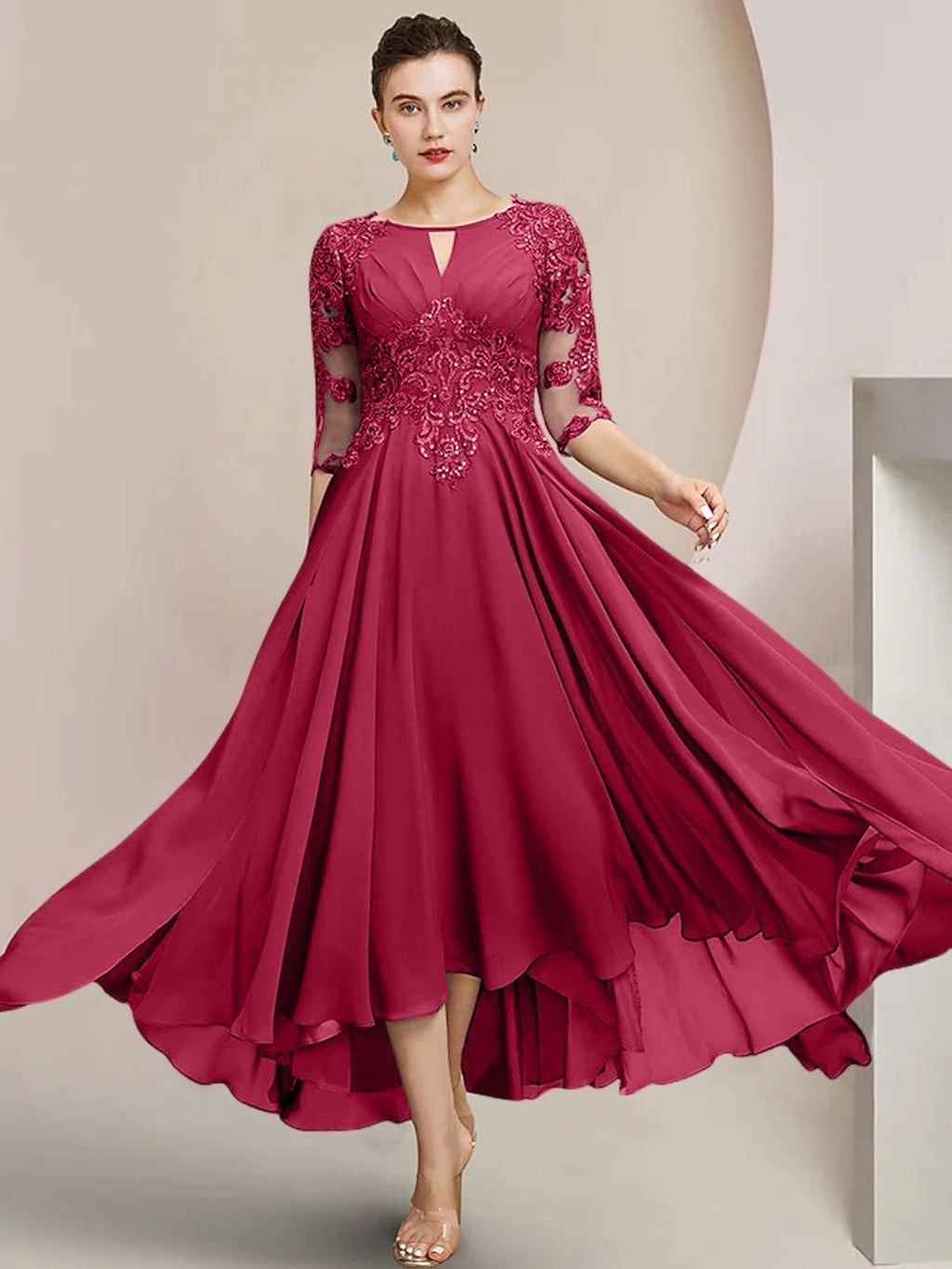Robes de mère de la mariée coupe trapèze/décolleté princesse, longueur thé 