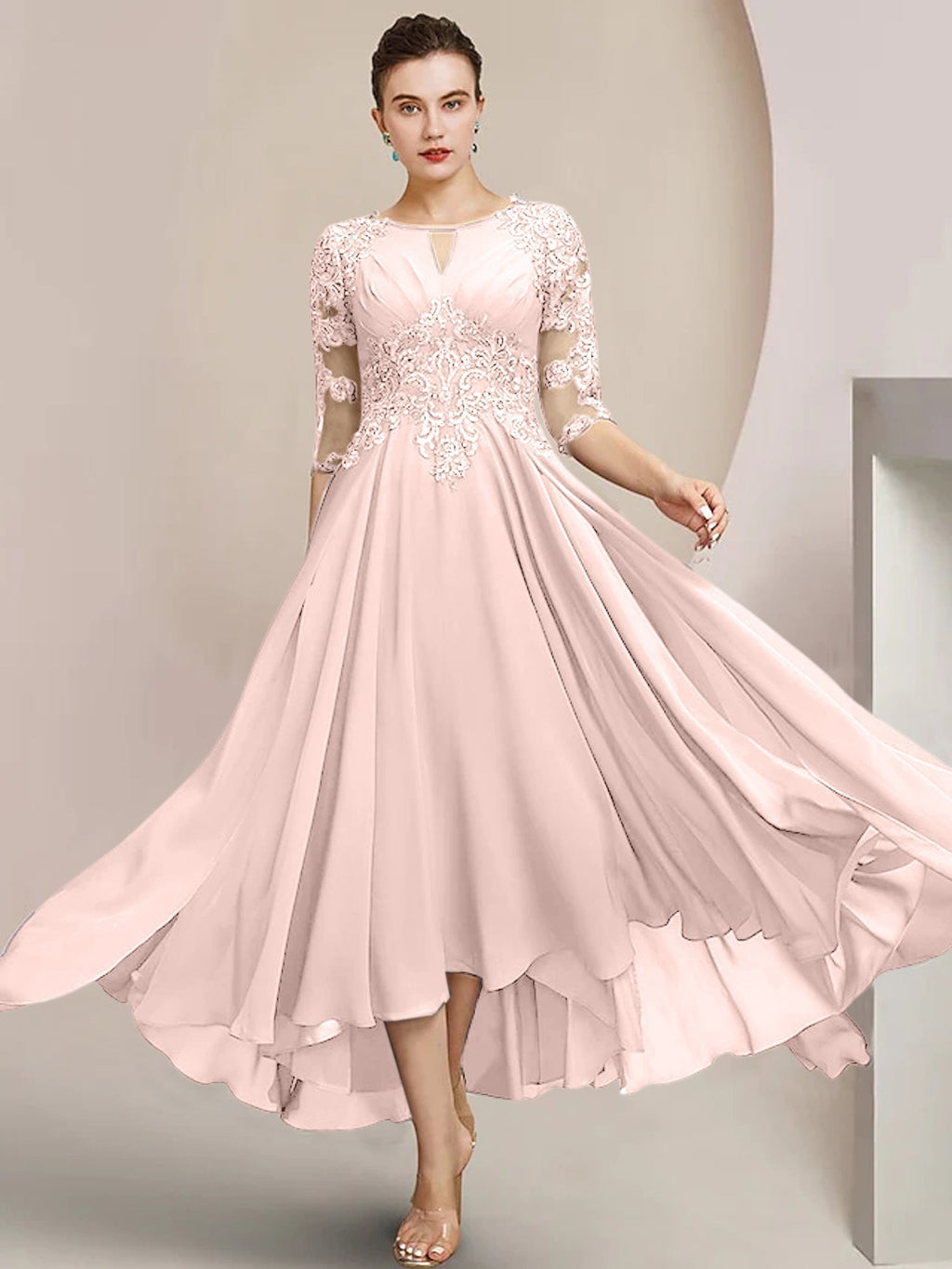 Robes de mère de la mariée coupe trapèze/décolleté princesse, longueur thé 