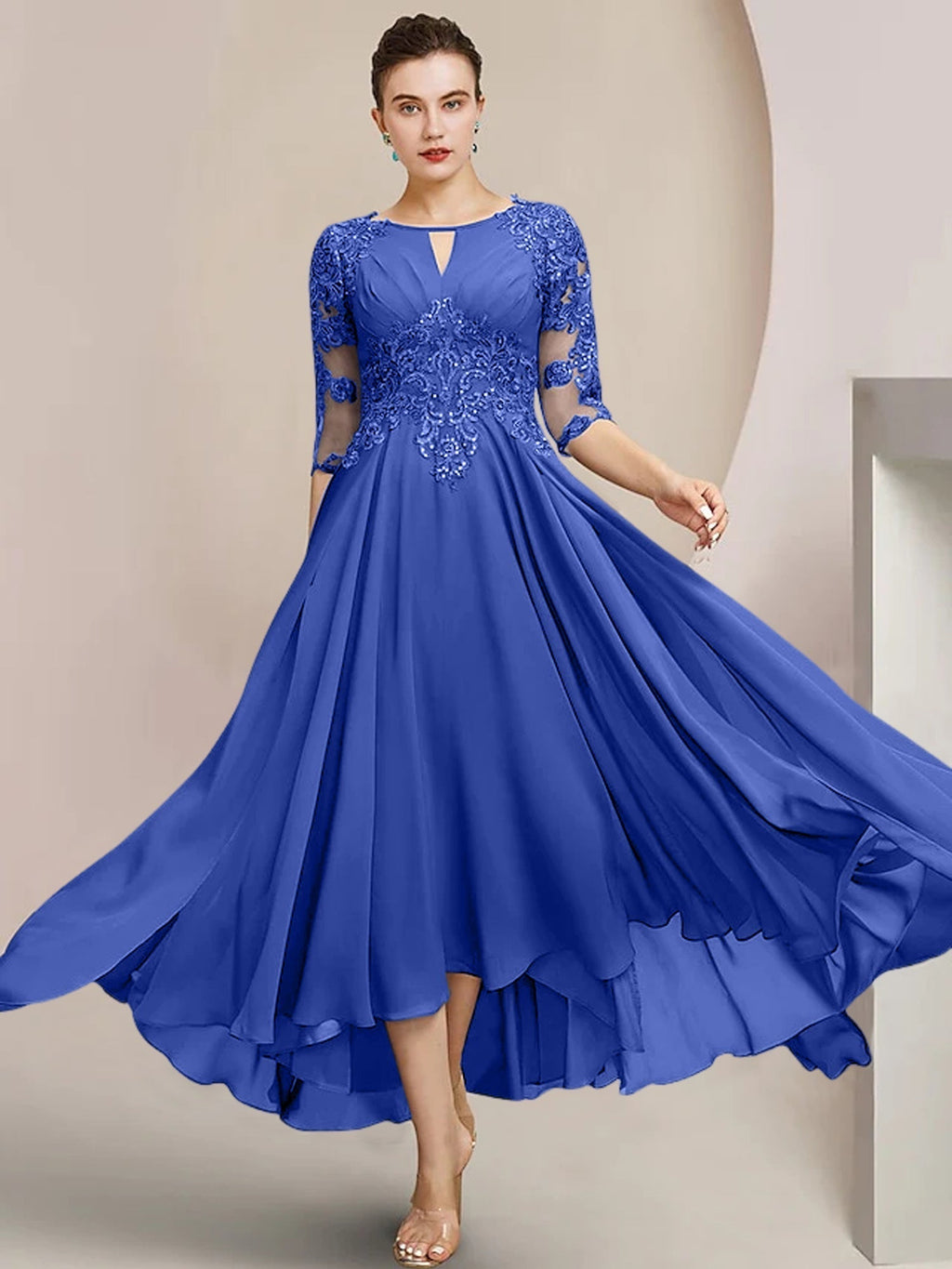 Robes de mère de la mariée coupe trapèze/décolleté princesse, longueur thé 