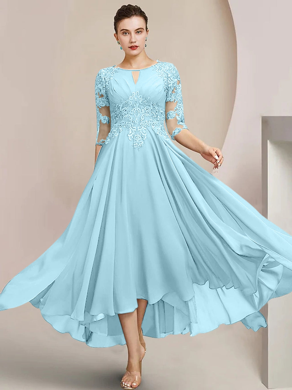 Robes de mère de la mariée coupe trapèze/décolleté princesse, longueur thé 