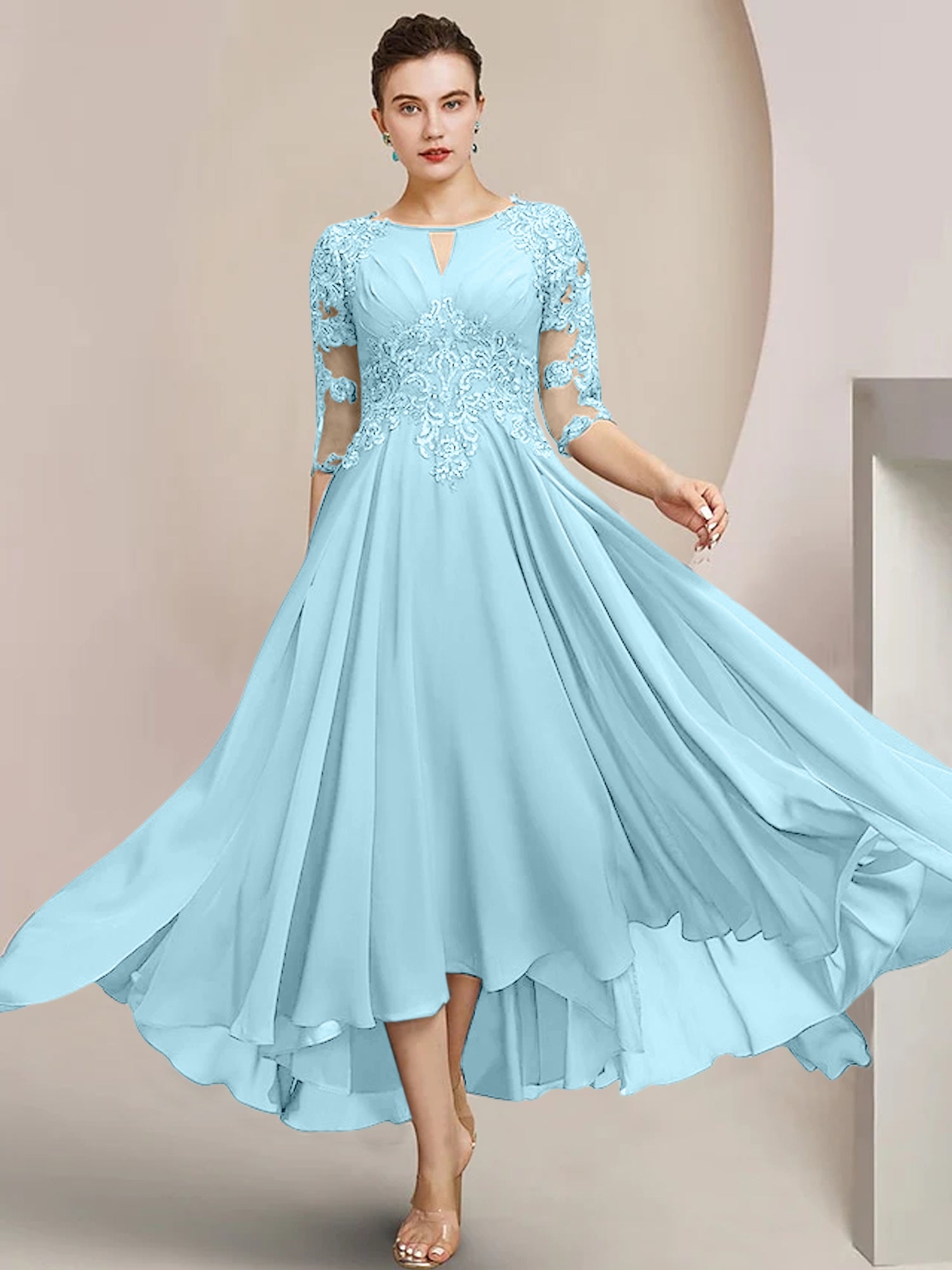 Robes de mère de la mariée coupe trapèze/décolleté princesse, longueur thé 