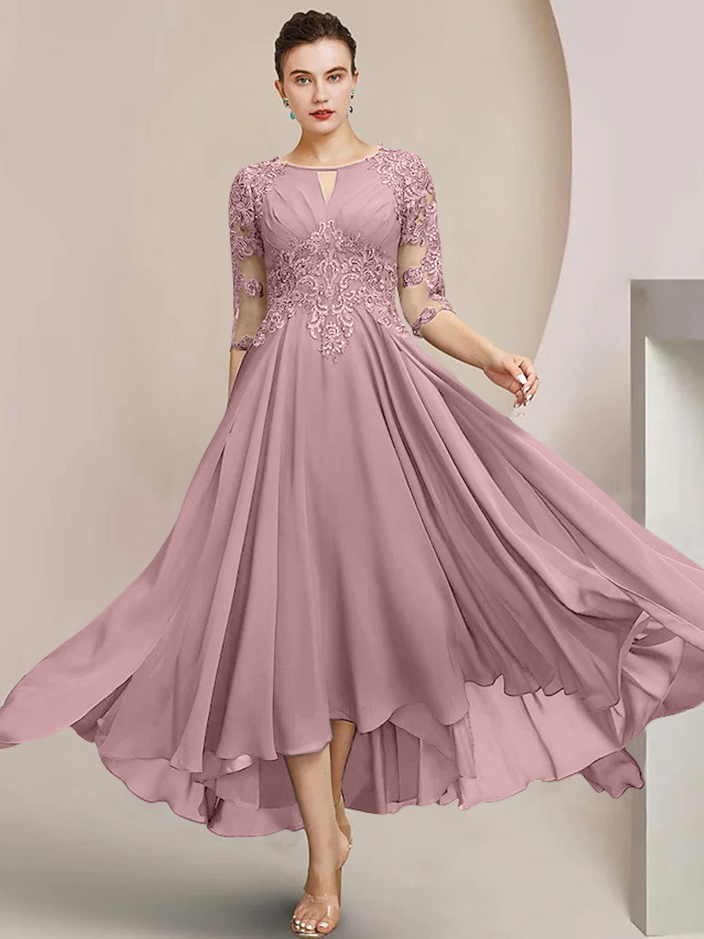 Robes de mère de la mariée coupe trapèze/décolleté princesse, longueur thé 