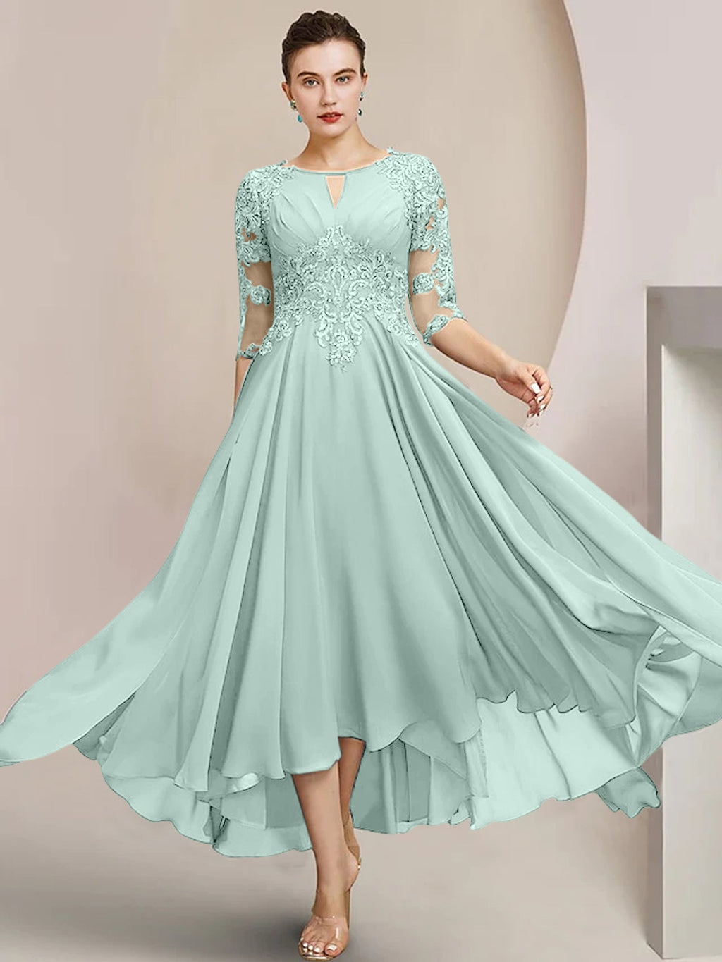 Robes de mère de la mariée coupe trapèze/décolleté princesse, longueur thé 