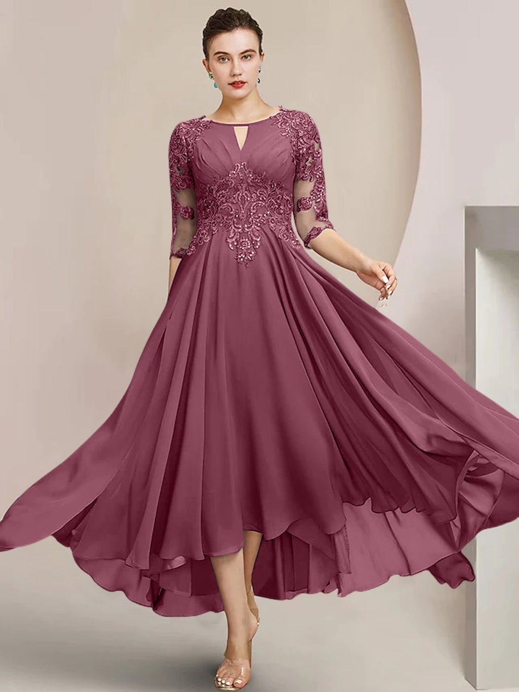 Robes de mère de la mariée coupe trapèze/décolleté princesse, longueur thé 