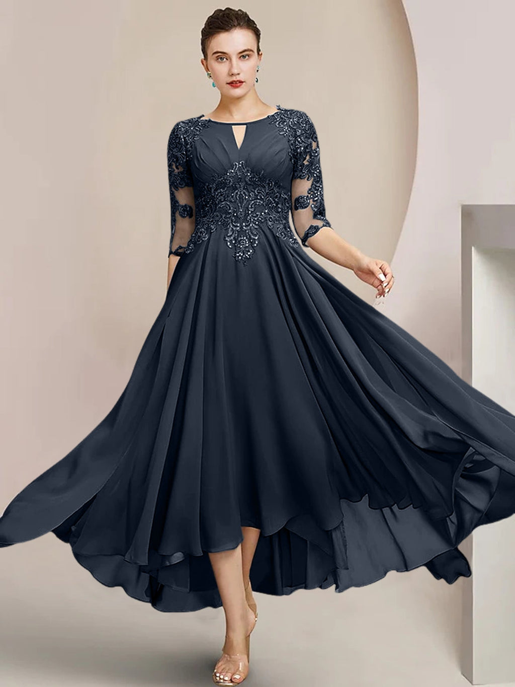 Robes de mère de la mariée coupe trapèze/décolleté princesse, longueur thé 