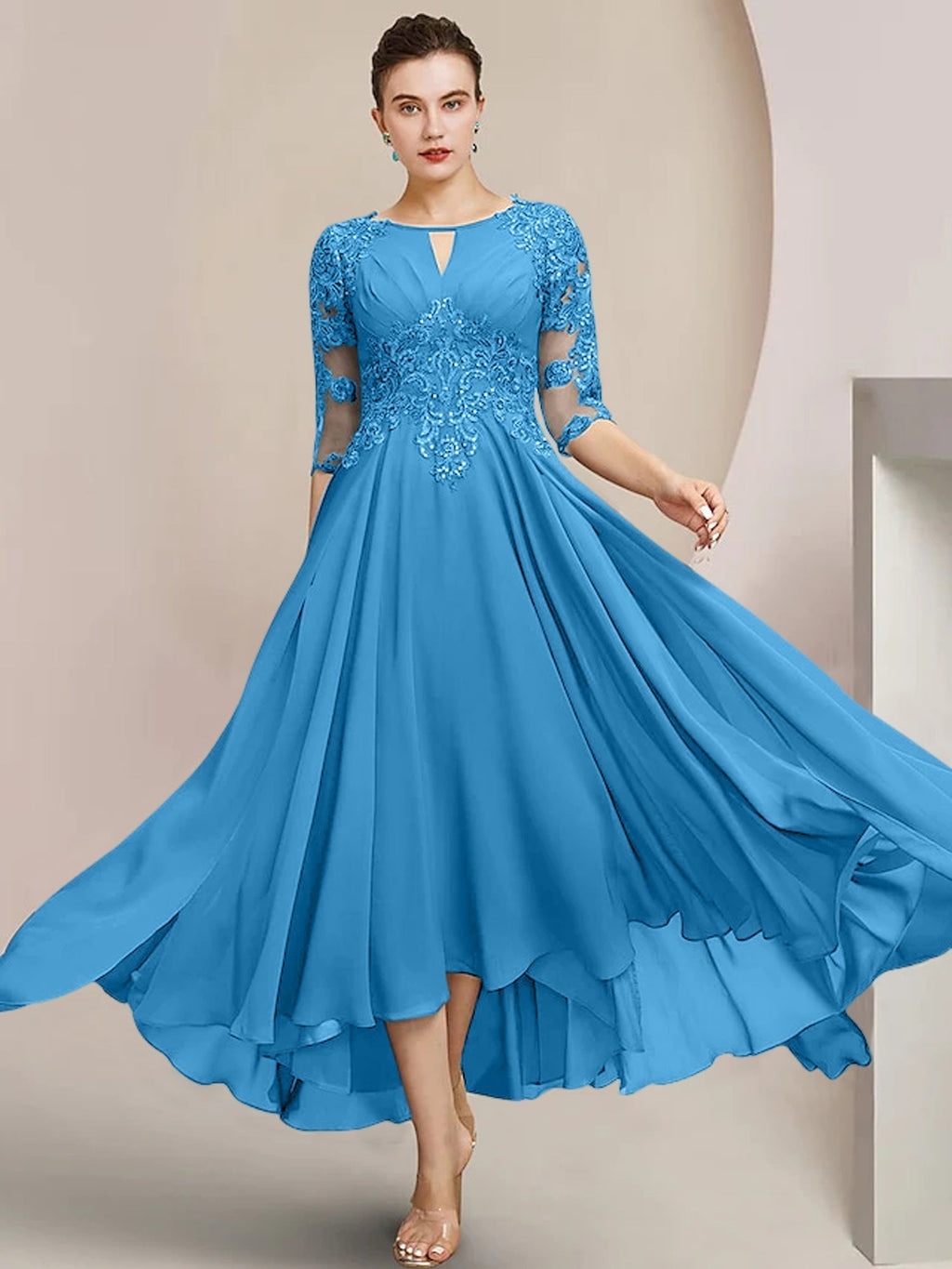 Robes de mère de la mariée coupe trapèze/décolleté princesse, longueur thé 