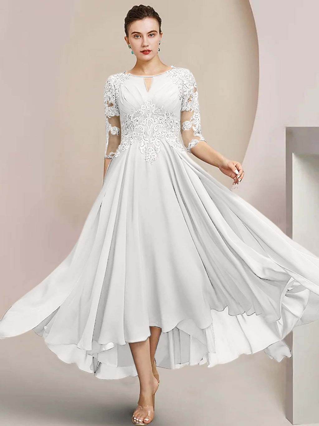 Robes de mère de la mariée coupe trapèze/décolleté princesse, longueur thé 