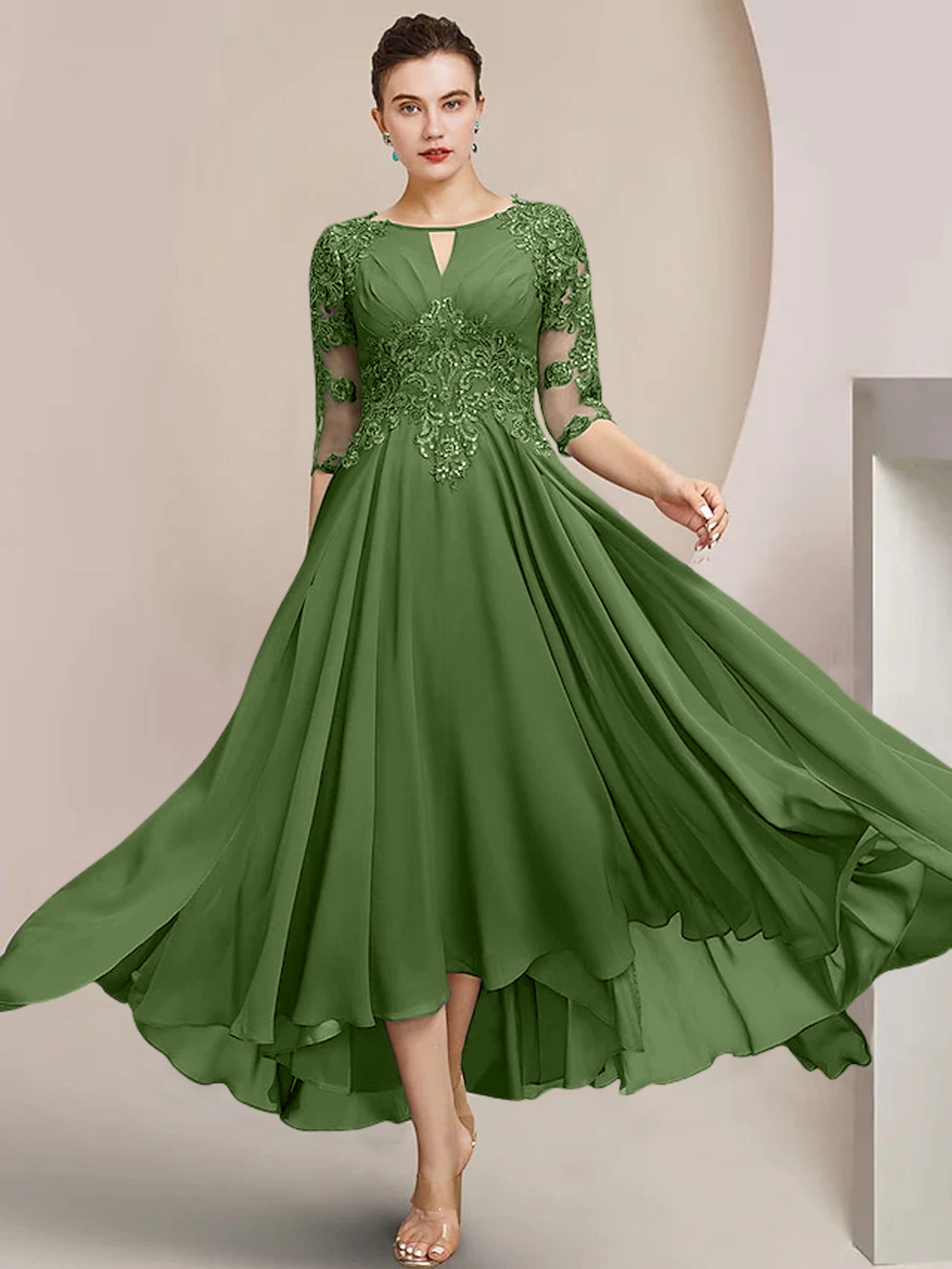 Robes de mère de la mariée coupe trapèze/décolleté princesse, longueur thé 