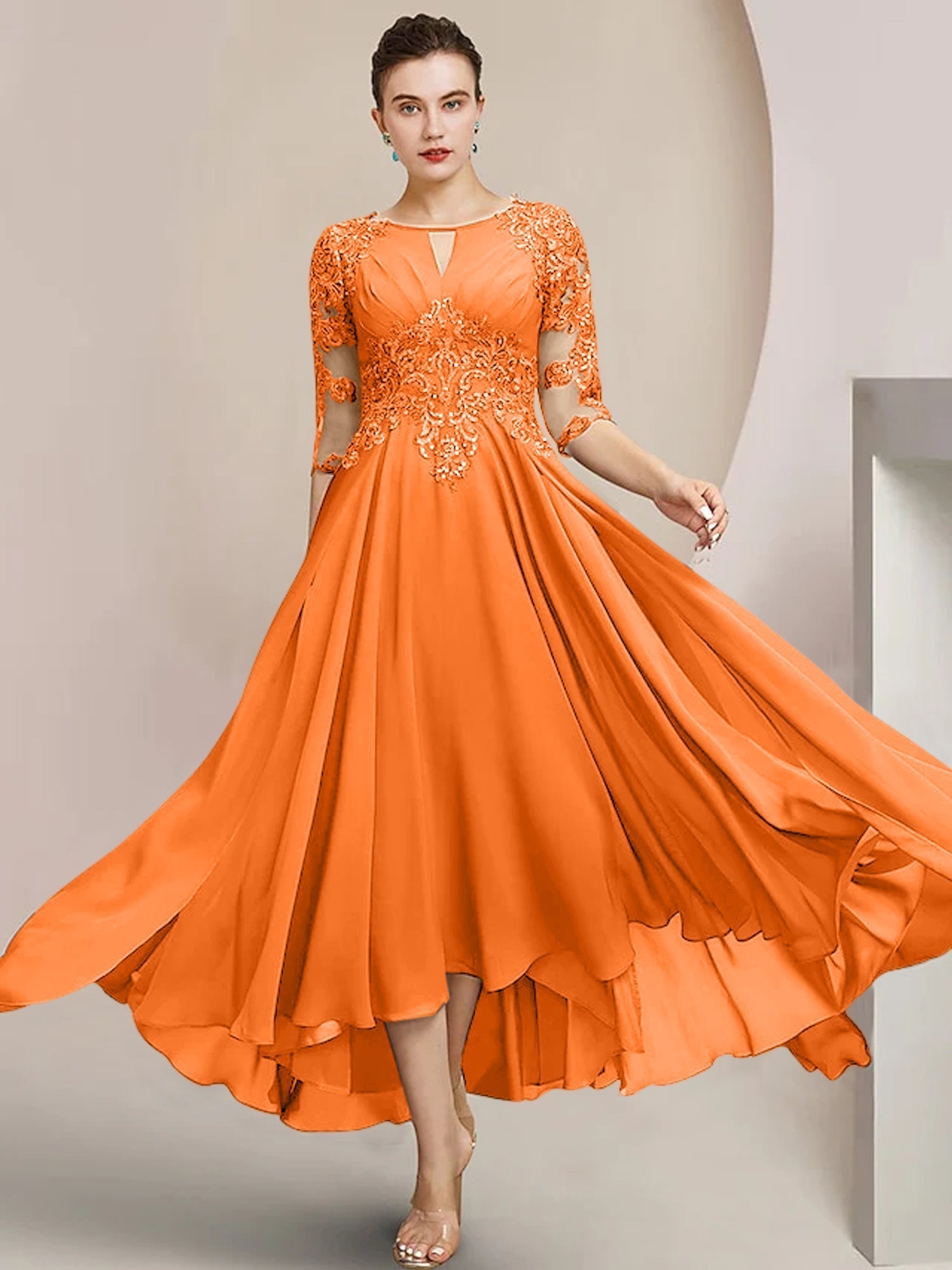 Robes de mère de la mariée coupe trapèze/décolleté princesse, longueur thé 