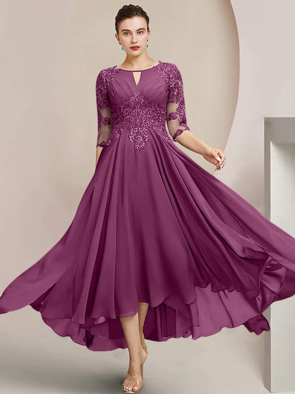 Robes de mère de la mariée coupe trapèze/décolleté princesse, longueur thé 