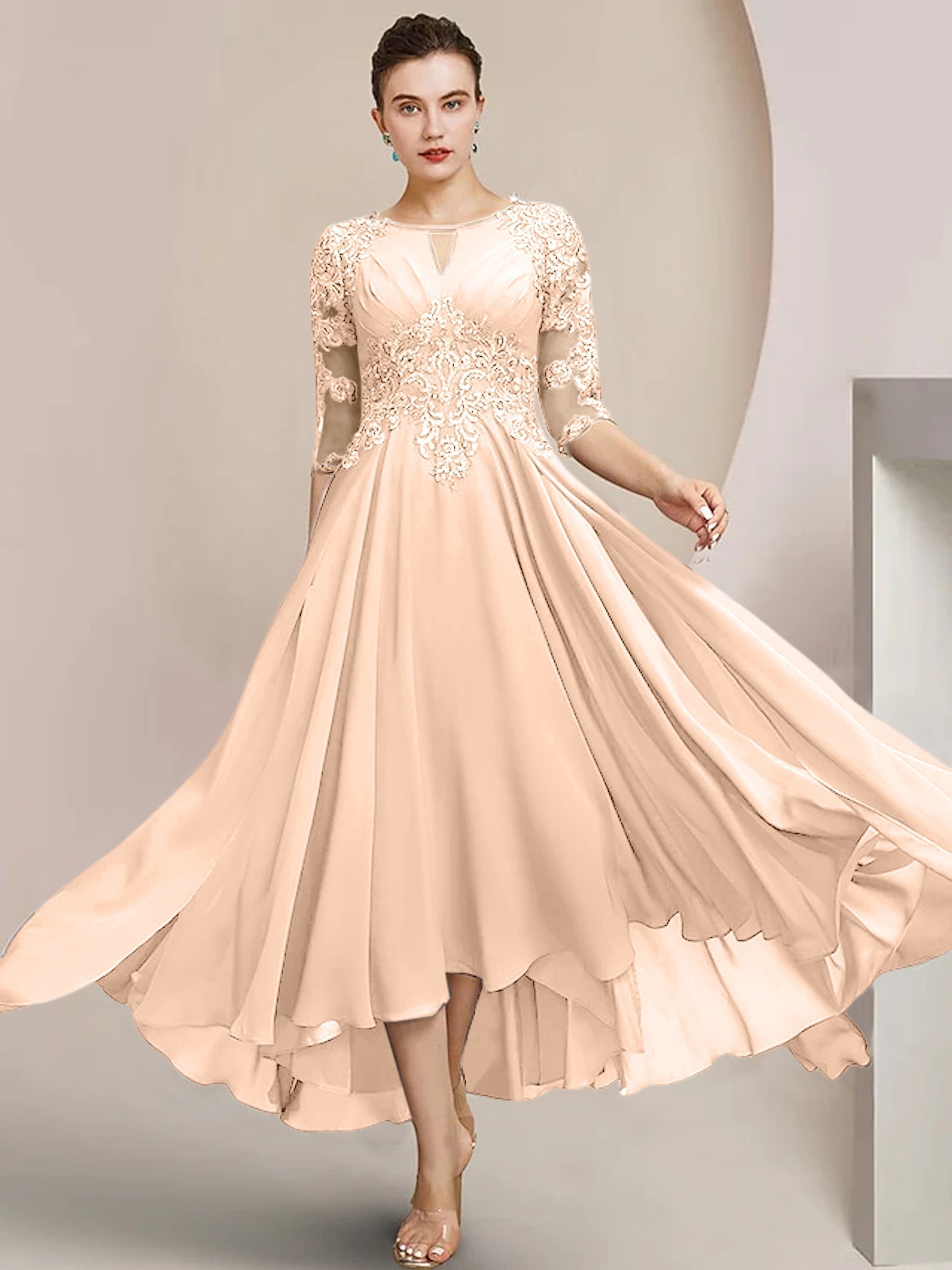 Robes de mère de la mariée coupe trapèze/décolleté princesse, longueur thé 