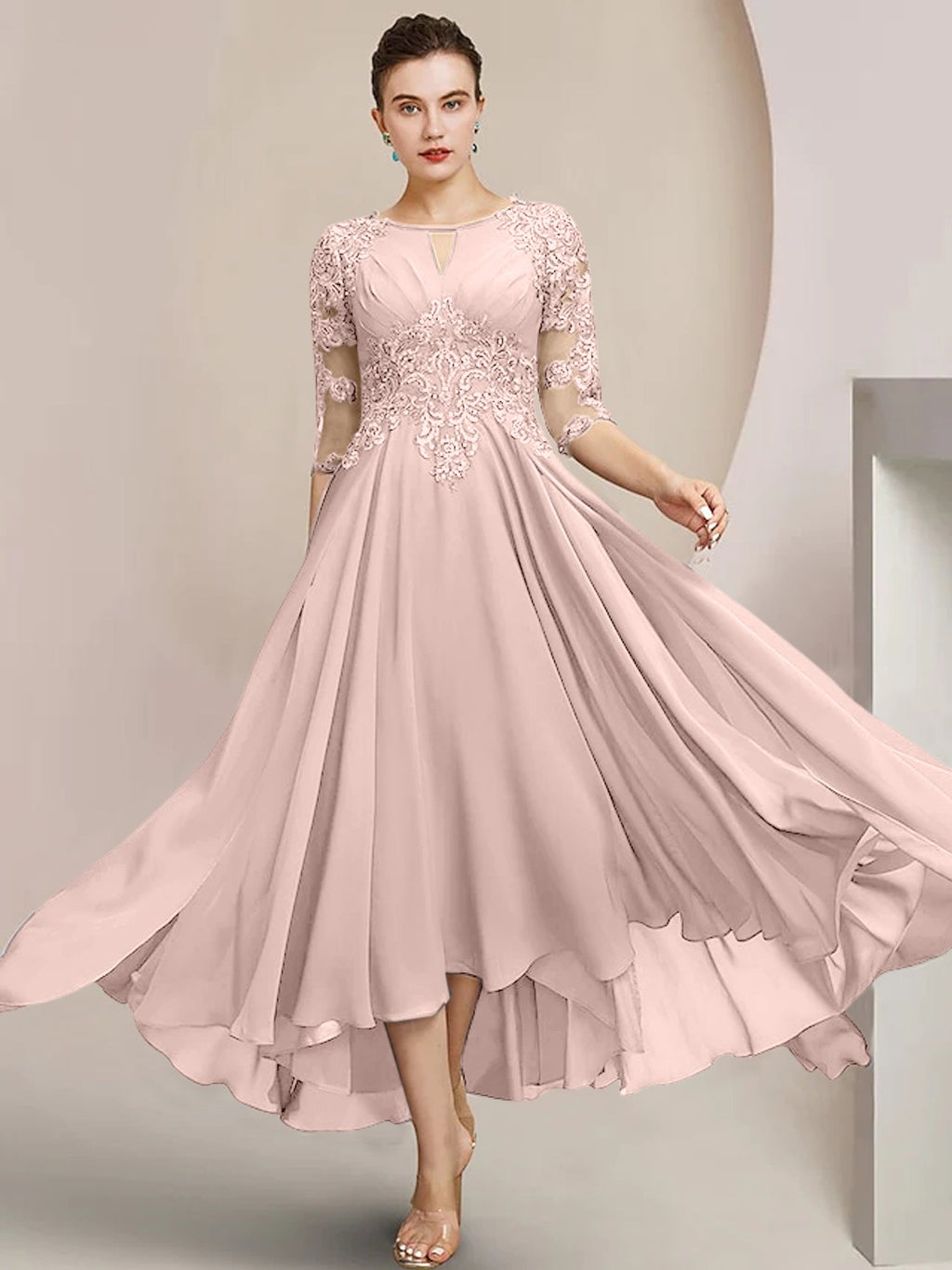 Robes de mère de la mariée coupe trapèze/décolleté princesse, longueur thé 