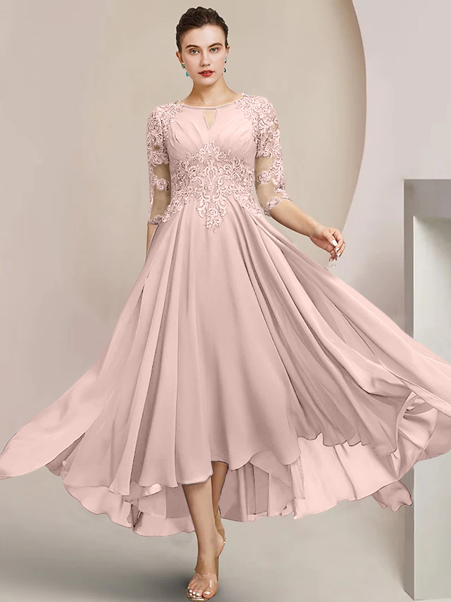 Robes de mère de la mariée coupe trapèze/décolleté princesse, longueur thé 