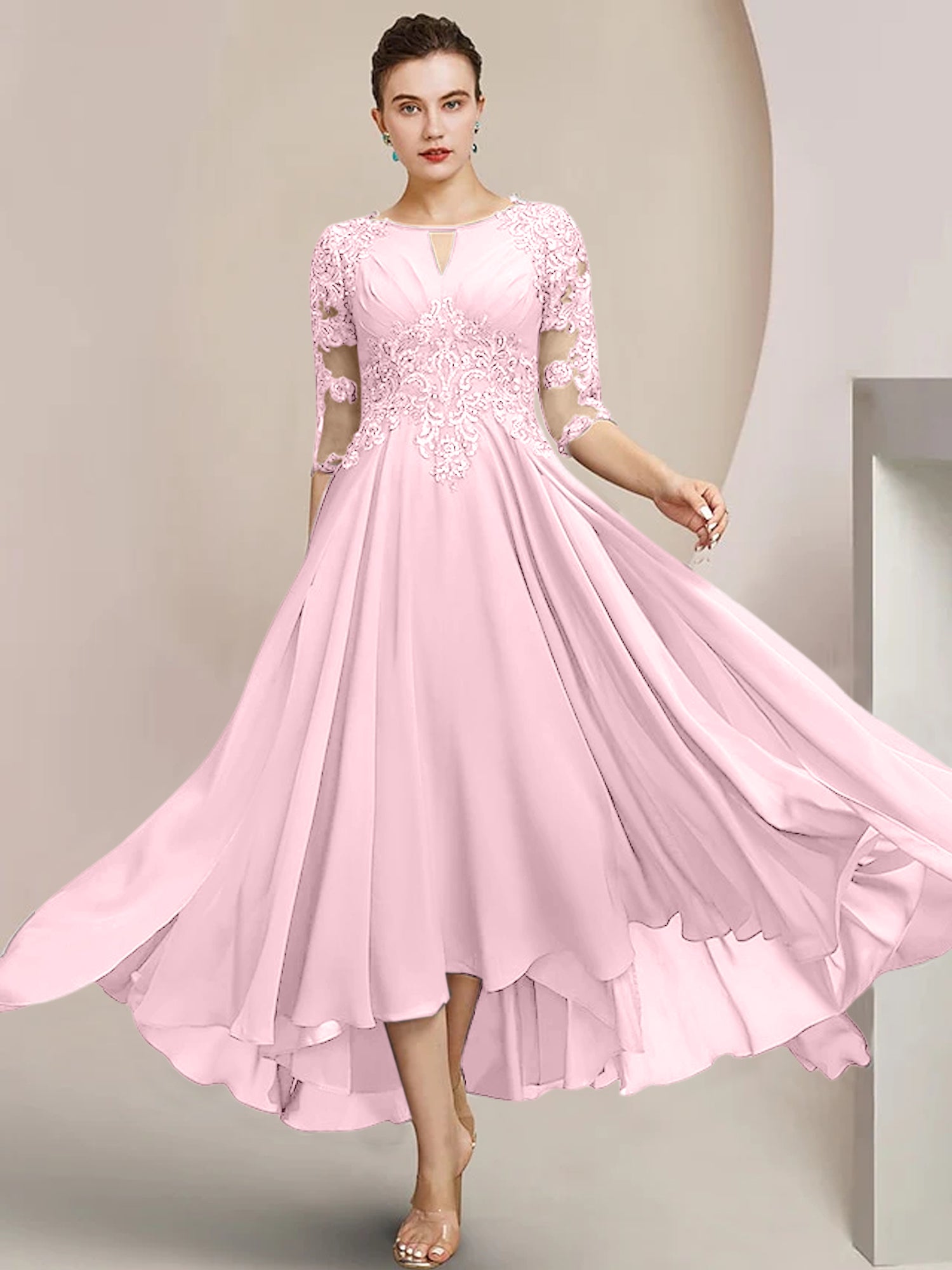 Robes de mère de la mariée coupe trapèze/décolleté princesse, longueur thé 