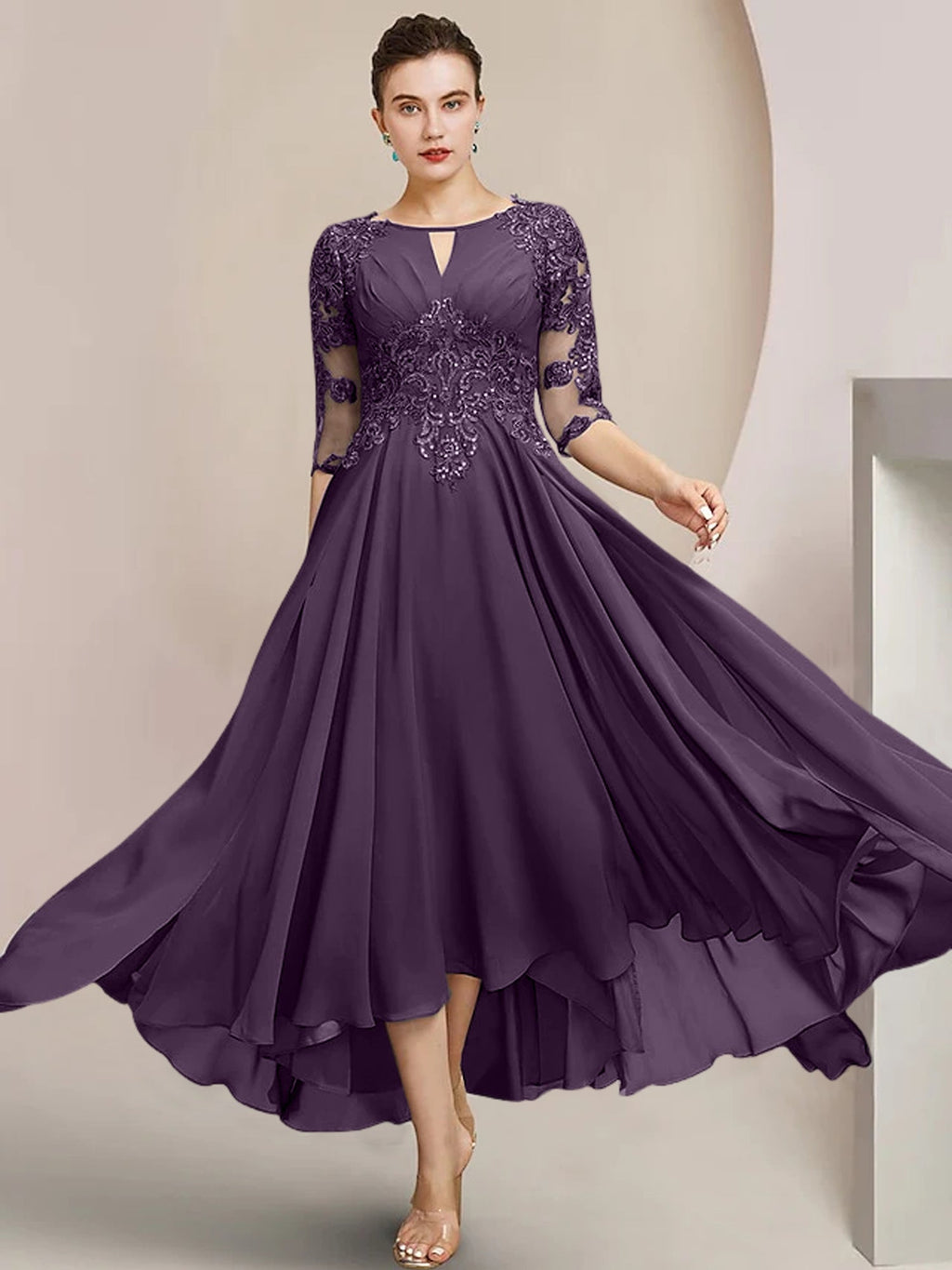 Robes de mère de la mariée coupe trapèze/décolleté princesse, longueur thé 