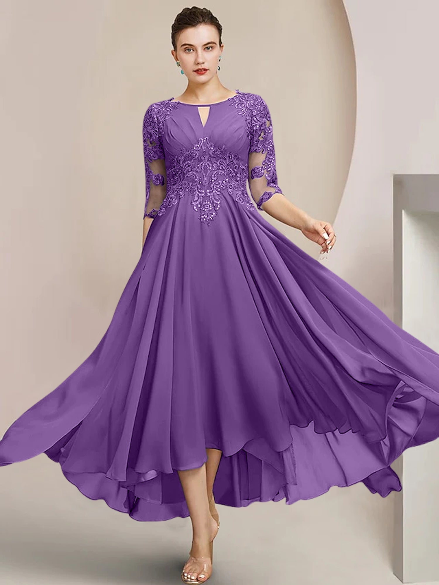 Robes de mère de la mariée coupe trapèze/décolleté princesse, longueur thé 