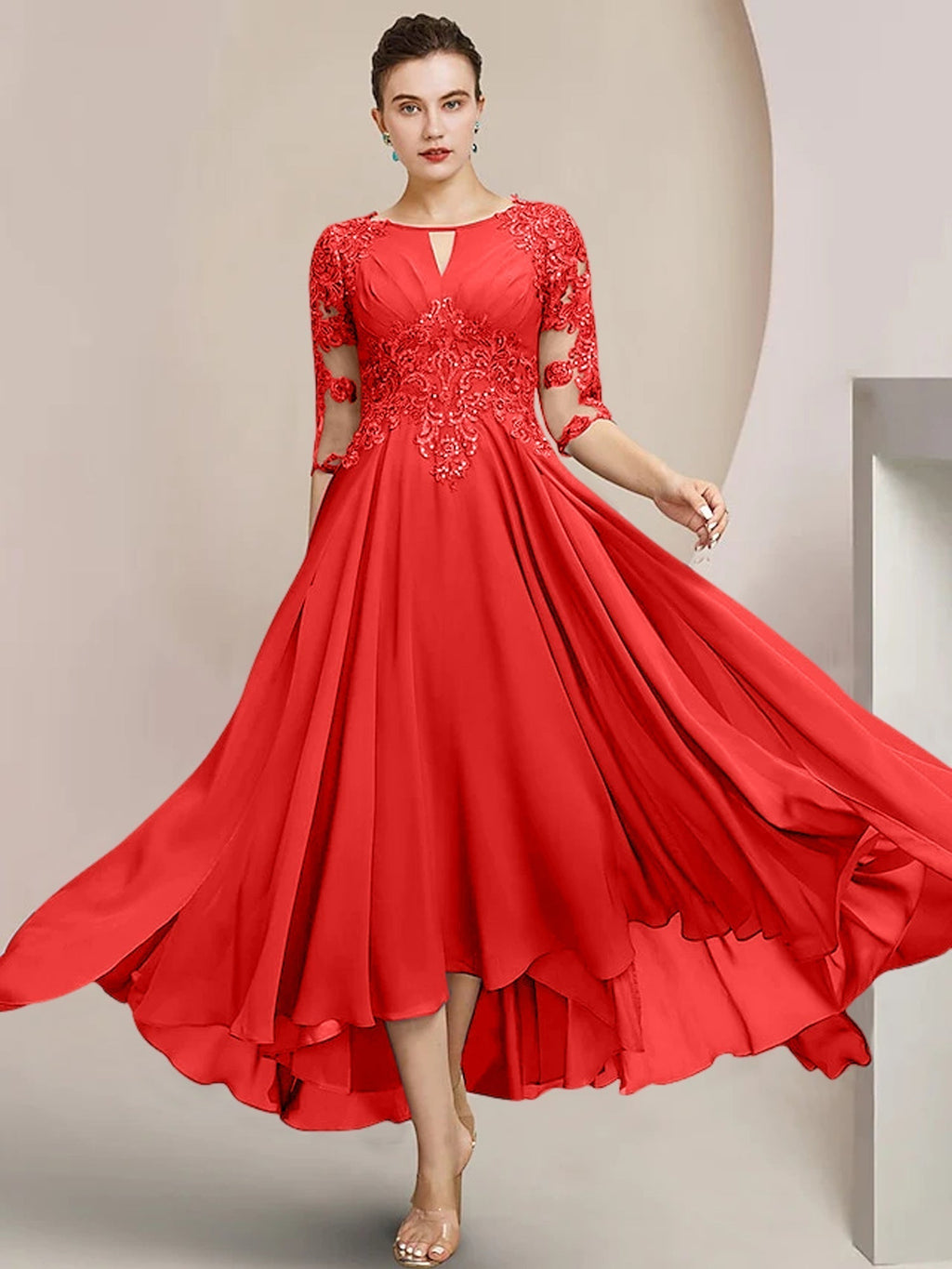 Robes de mère de la mariée coupe trapèze/décolleté princesse, longueur thé 