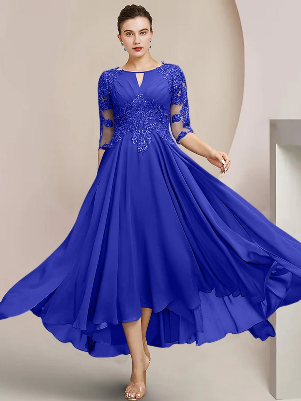 Robes de mère de la mariée coupe trapèze/décolleté princesse, longueur thé 