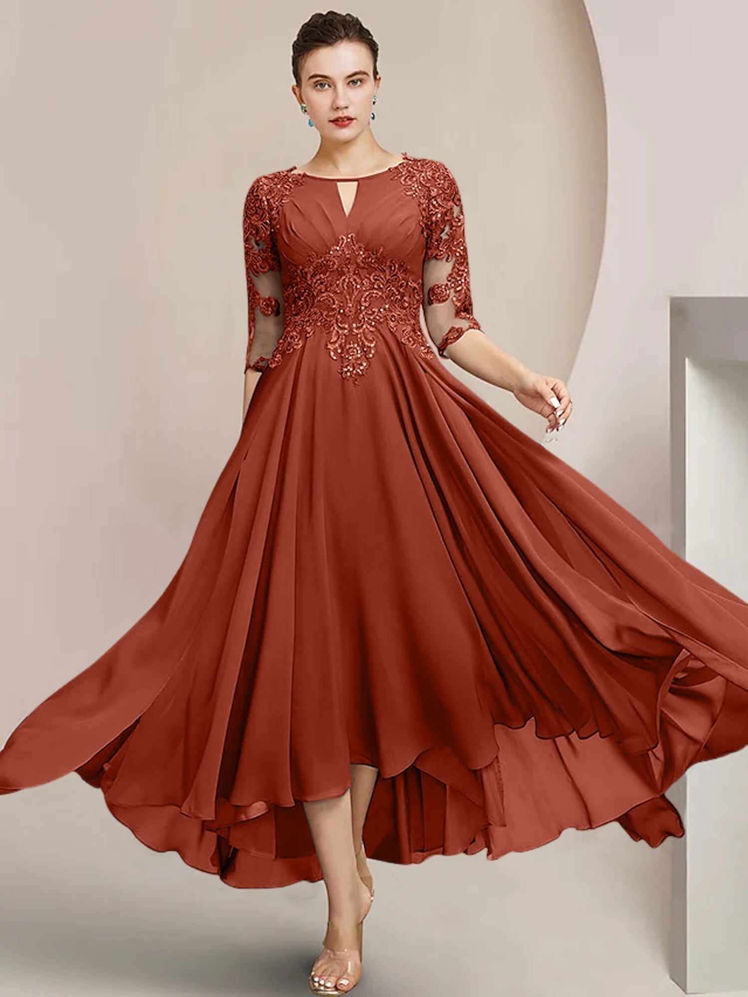Robes de mère de la mariée coupe trapèze/décolleté princesse, longueur thé 