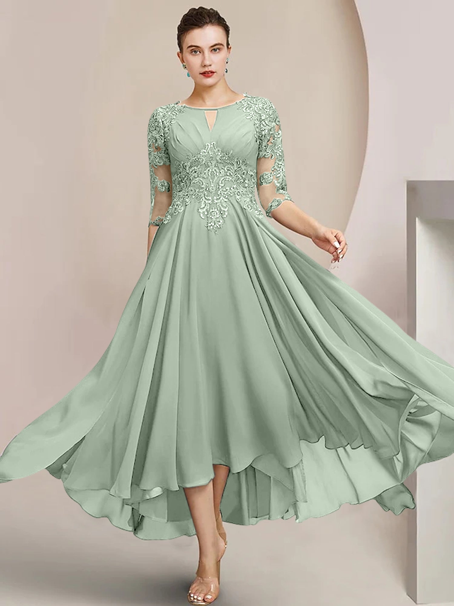 Robes de mère de la mariée coupe trapèze/décolleté princesse, longueur thé 