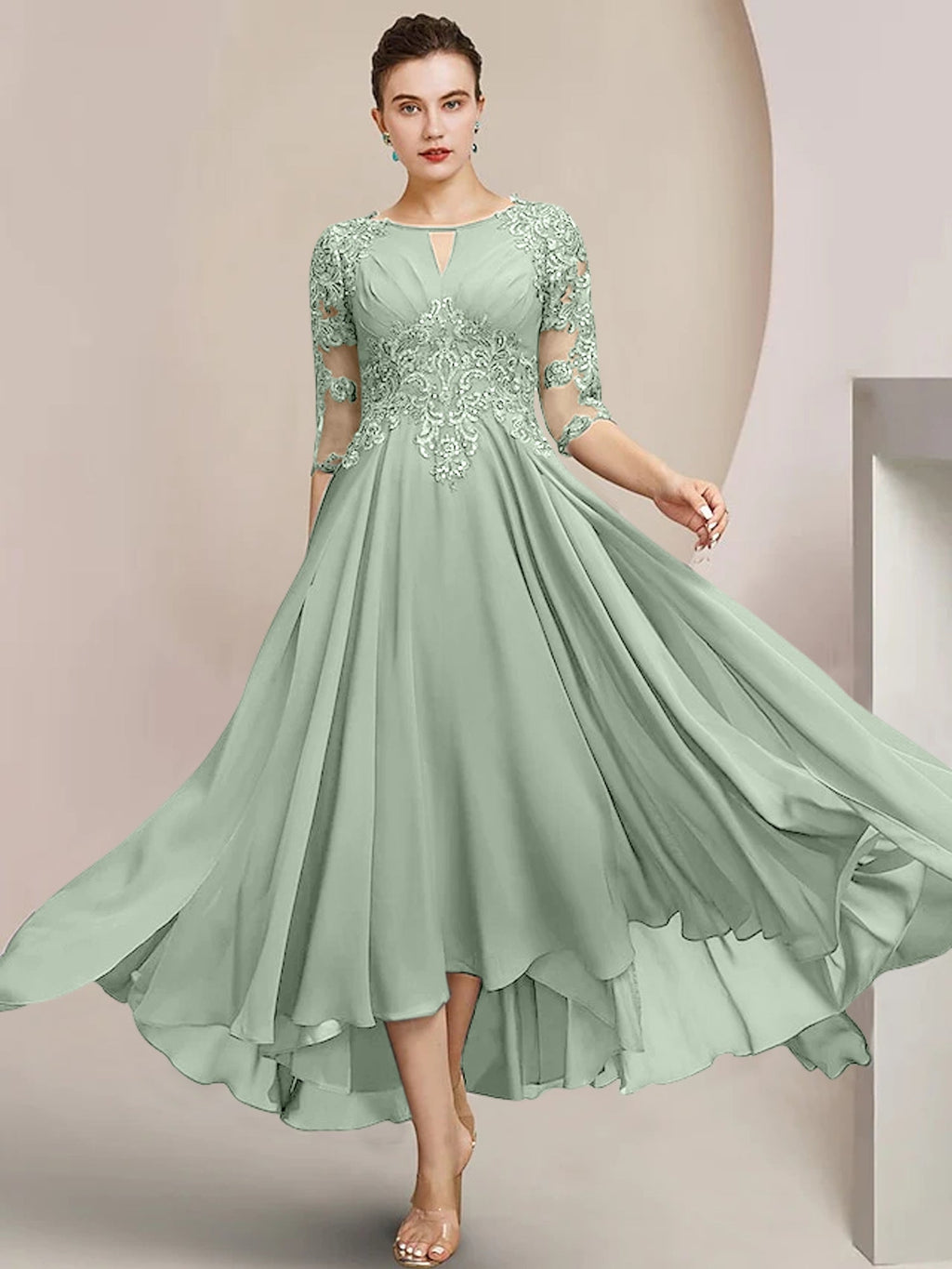 Robes de mère de la mariée coupe trapèze/décolleté princesse, longueur thé 