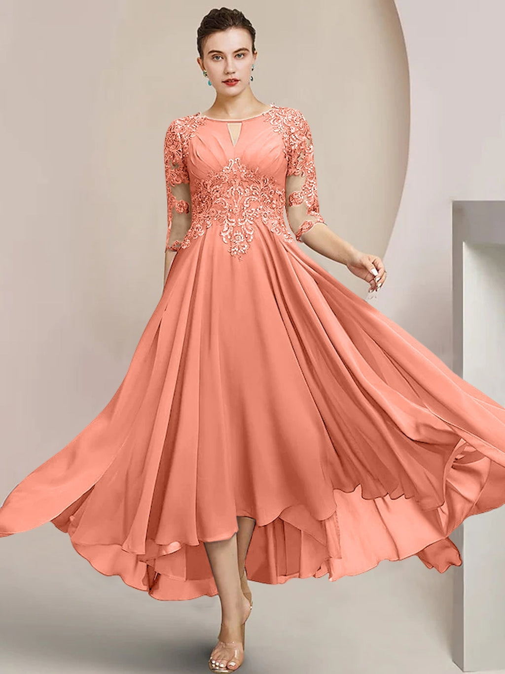 Robes de mère de la mariée coupe trapèze/décolleté princesse, longueur thé 